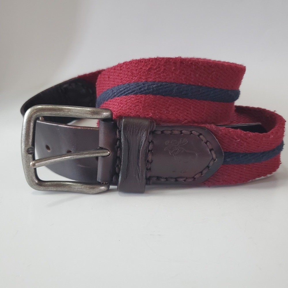 Vtg Abercrombie & Fitch Woven Canvas Belt Leather Trim Moose Red Navy 30 Y2k